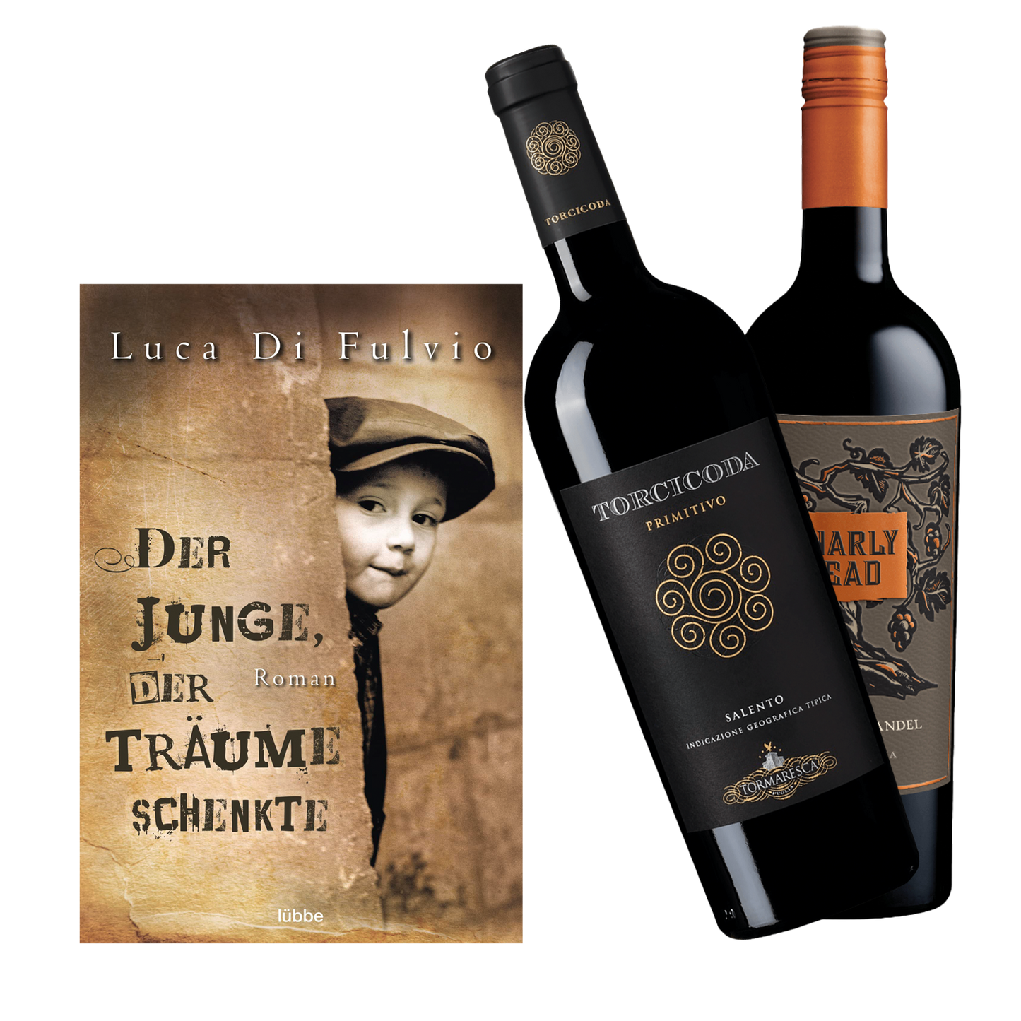 Geschenkset mit dem Buch von Luca Di Fulvio Der Junge der Träume schenkte und dem Wein Torcicoda Primitivo ...