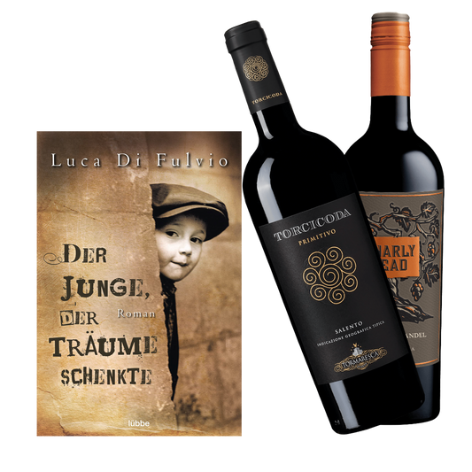 Geschenkset mit dem Buch von Luca Di Fulvio Der Junge der Träume schenkte und dem Wein Torcicoda Primitivo ...