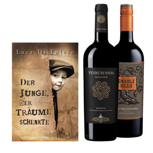 Geschenkset mit dem Buch von Luca Di Fulvio Der Junge der Träume schenkte und dem Wein Torcicoda Primitivo ...