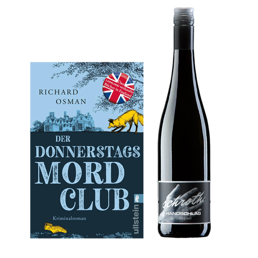 Geschenkset mit Buch Donnerstag Mord Club und Weinflasche Schroth Handschlag