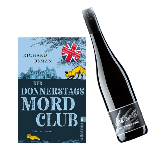 Geschenkset mit Buch Donnerstag Mord Club und Weinflasche Schroth Handschlag