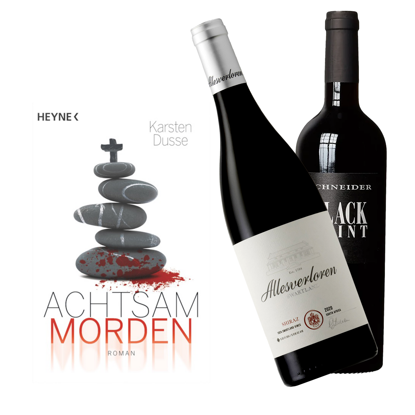 Geschenkset Achtsam Morden und dem Wein Allesverloren Shiraz und Black Print