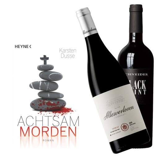 Geschenkset Achtsam Morden und dem Wein Allesverloren Shiraz und Black Print