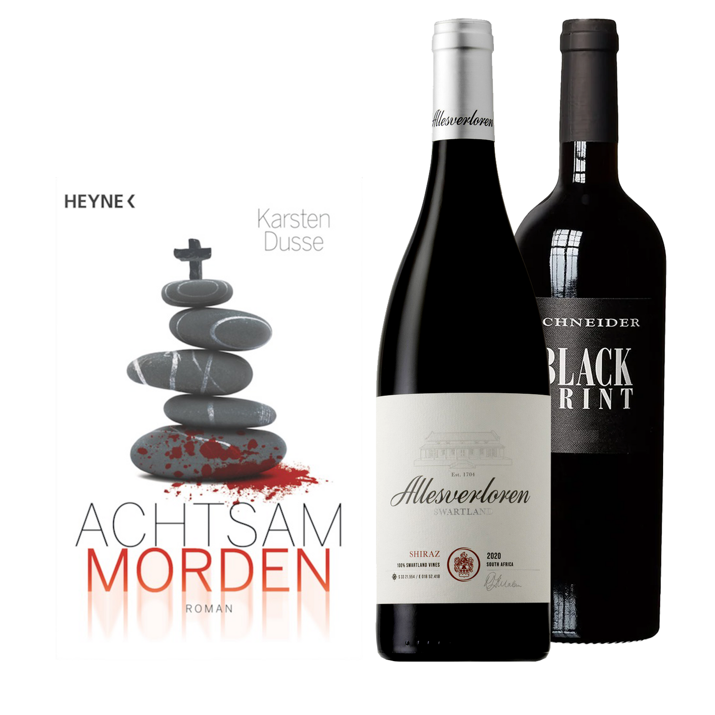 Geschenkset Achtsam Morden und dem Wein Allesverloren Shiraz und Black Print