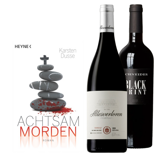 Geschenkset Achtsam Morden und dem Wein Allesverloren Shiraz und Black Print