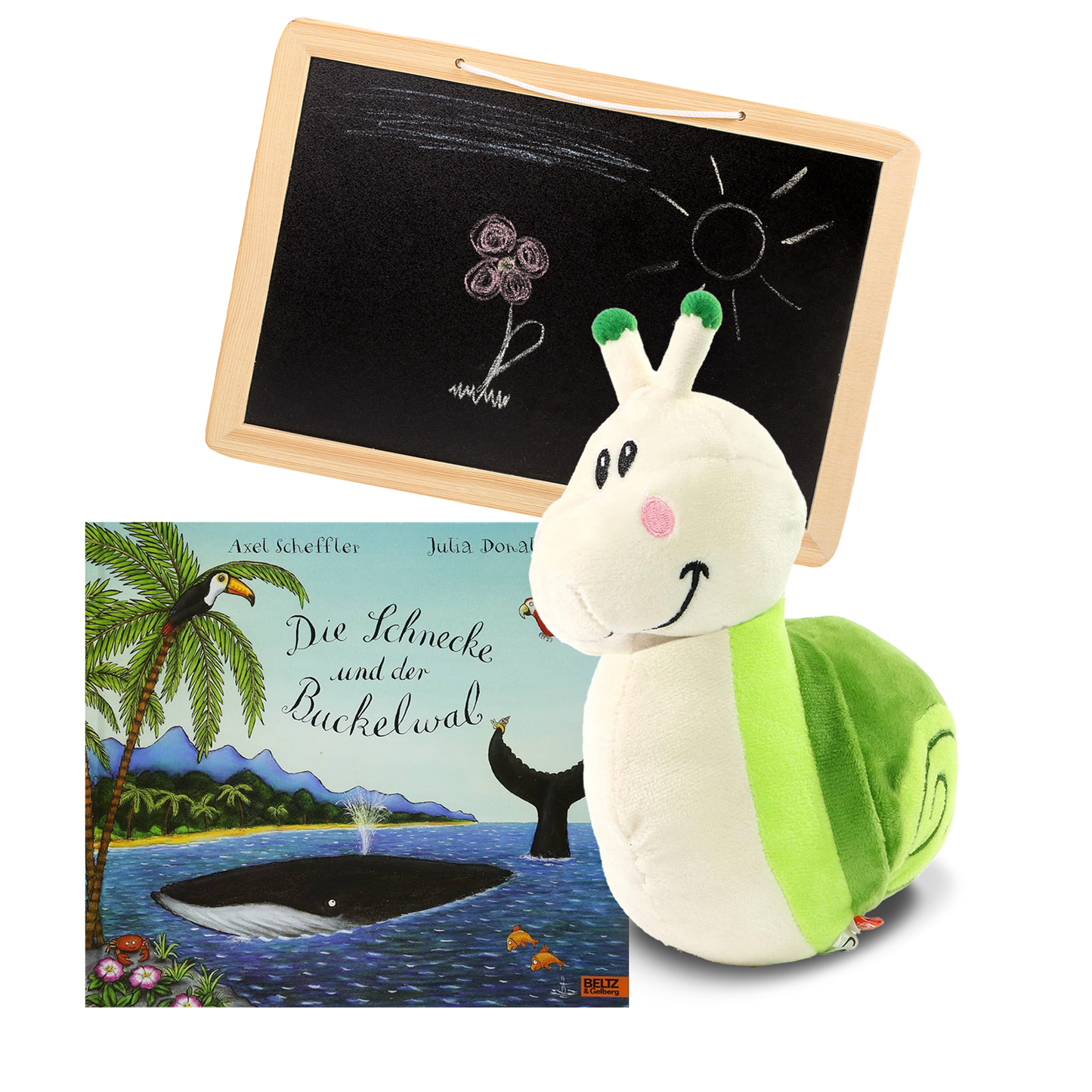 Geschenkset mit Kinderspielzug und Tafel und dem Buch Die Schnecke und der Buckelwal.