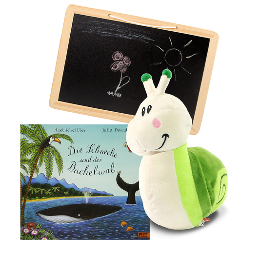 Geschenkset mit Kinderspielzug und Tafel und dem Buch Die Schnecke und der Buckelwal.