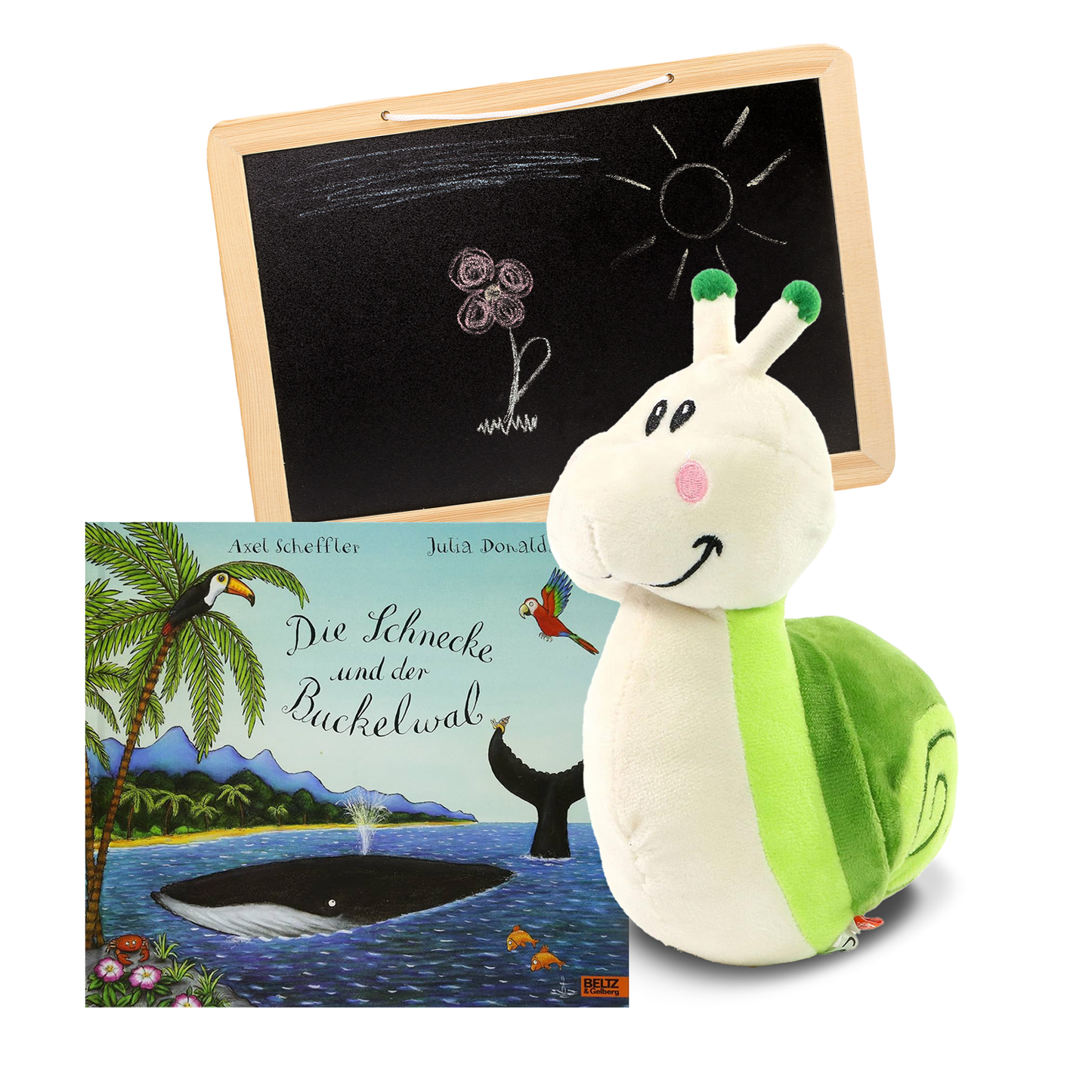 Geschenkset mit Kinderspielzug und Tafel und dem Buch Die Schnecke und der Buckelwal.