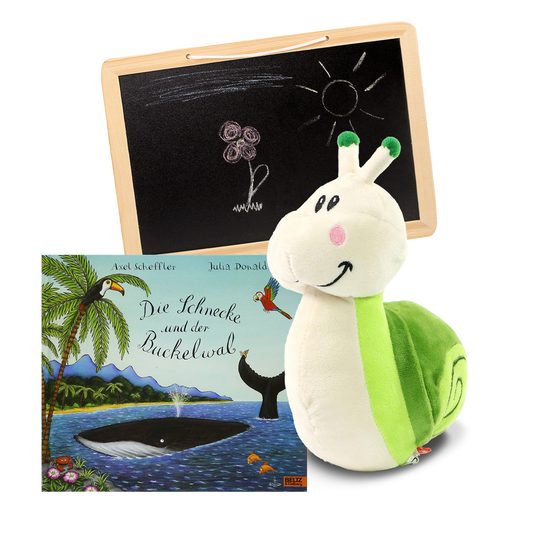 Geschenkset mit Kinderspielzug und Tafel und dem Buch Die Schnecke und der Buckelwal.