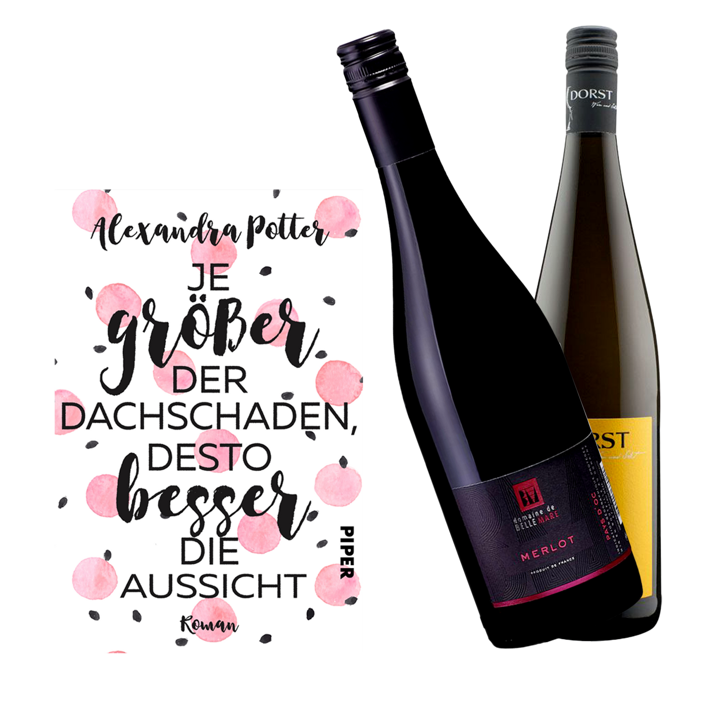 Geschenkset mit dem Buch Je größer der Dachschaden desto besser die Aussicht und den Weinen Domaine Belle Mare Merlot und Das doppelte Lottchen.