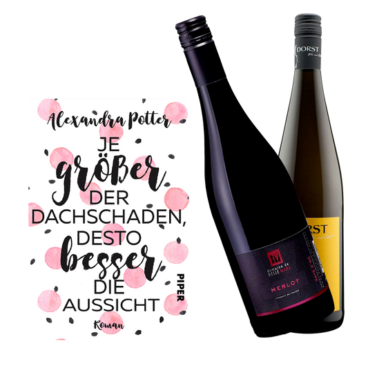 Geschenkset mit dem Buch Je größer der Dachschaden desto besser die Aussicht und den Weinen Domaine Belle Mare Merlot und Das doppelte Lottchen.