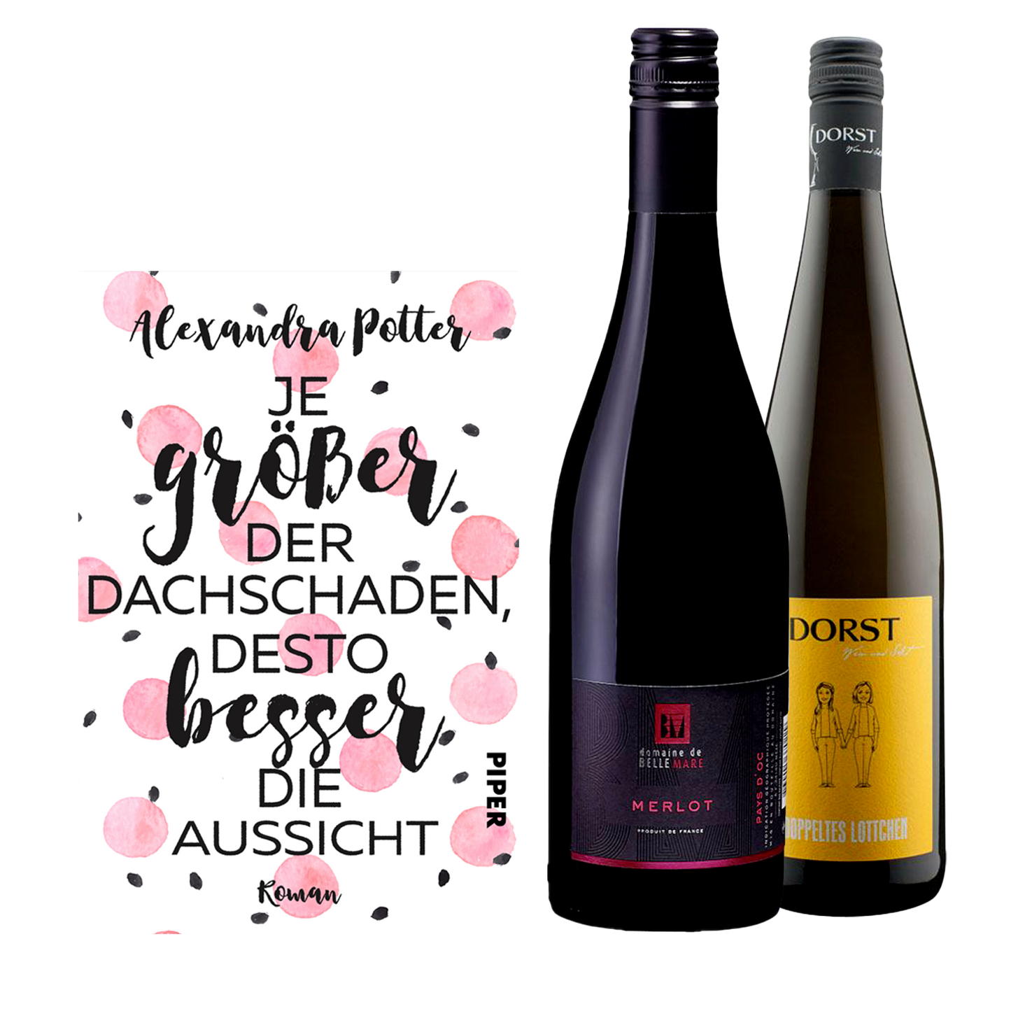 Geschenkset mit dem Buch Je größer der Dachschaden desto besser die Aussicht und den Weinen Domaine Belle Mare Merlot und Das doppelte Lottchen.