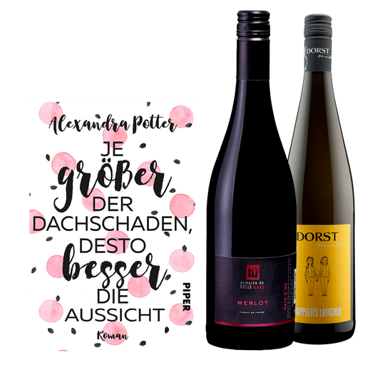 Geschenkset mit dem Buch Je größer der Dachschaden desto besser die Aussicht und den Weinen Domaine Belle Mare Merlot und Das doppelte Lottchen.