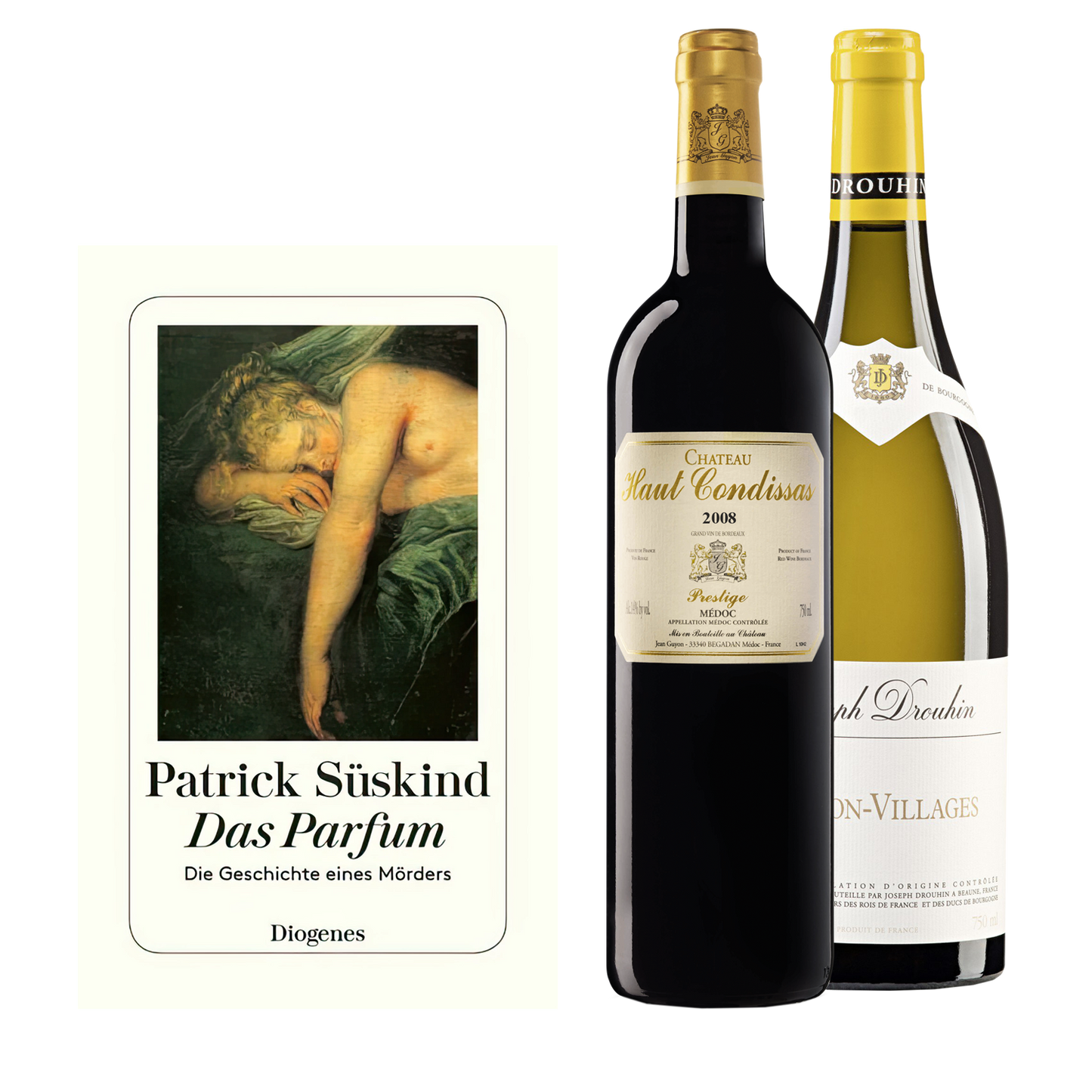 Geschenkset mit dem Buch von Patrick Süskind das Parfum mit dem Wein Château Haut Condissas und Mâcon-Villages Blanc