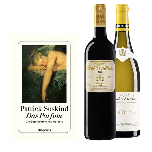Geschenkset mit dem Buch von Patrick Süskind das Parfum mit dem Wein Château Haut Condissas und Mâcon-Villages Blanc
