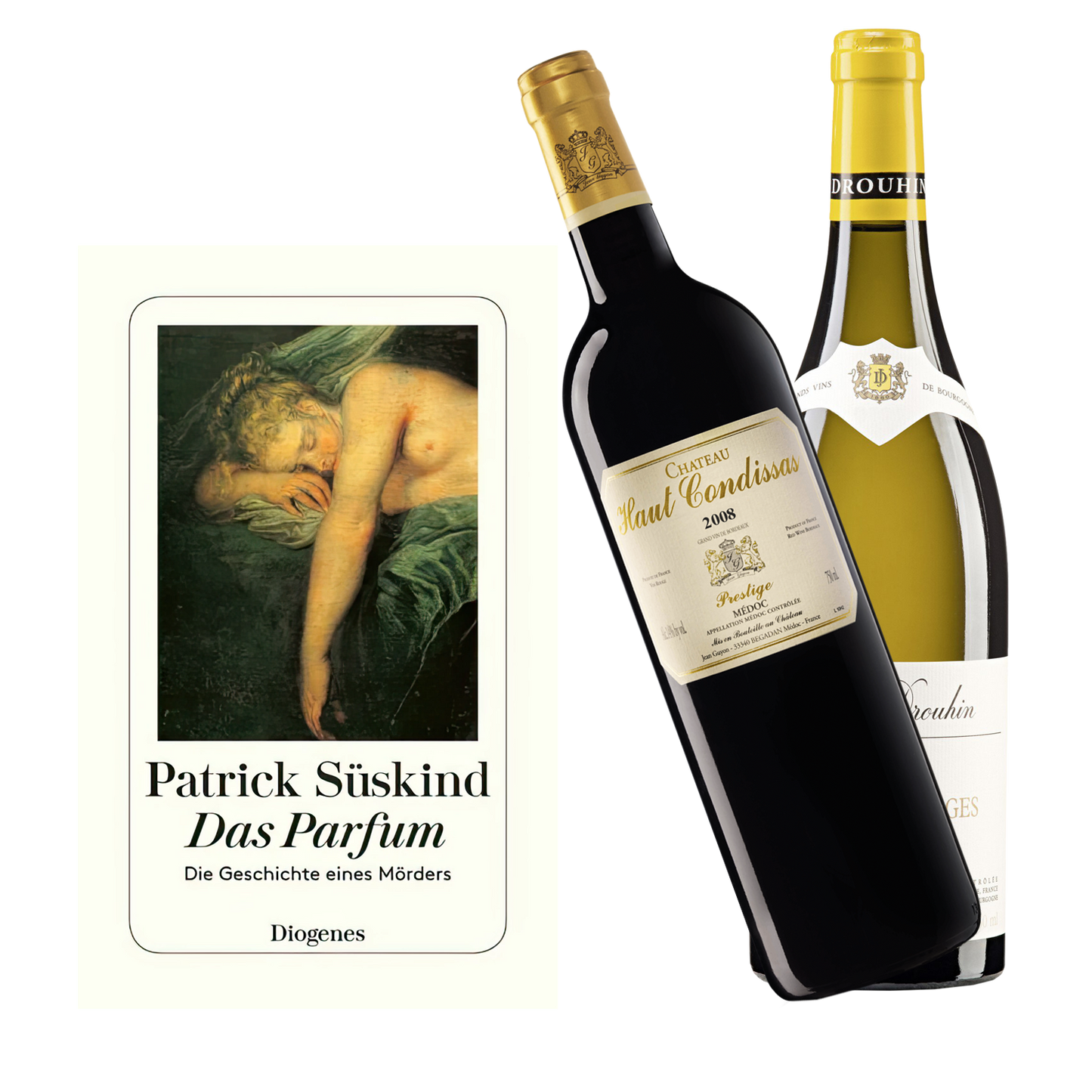 Geschenkset mit dem Buch von Patrick Süskind das Parfum mit dem Wein Château Haut Condissas und Mâcon-Villages Blanc