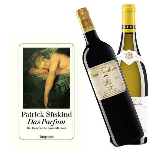 Geschenkset mit dem Buch von Patrick Süskind das Parfum mit dem Wein Château Haut Condissas und Mâcon-Villages Blanc