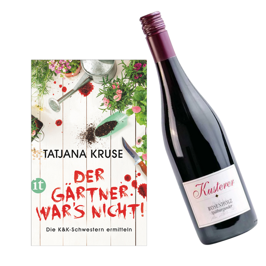 Geschenkset mit dem Buch Der Gärtner war's nicht von Tatjana Kruse und dem Wein Kusterer Rosenholz Spätburgunder.