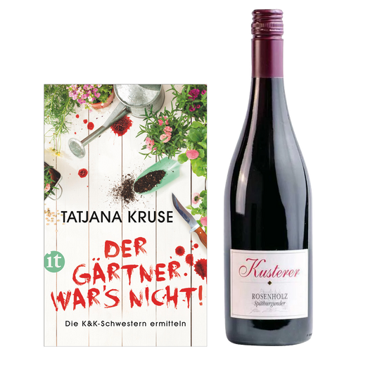 Geschenkset mit dem Buch Der Gärtner war's nicht von Tatjana Kruse und dem Wein Kusterer Rosenholz Spätburgunder.