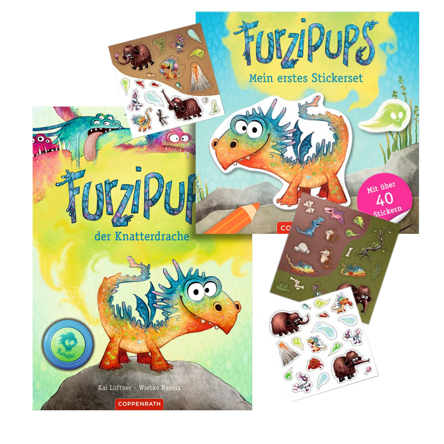 Geschenkset mit Furzipups Buch und Furzipups Stickerset.
