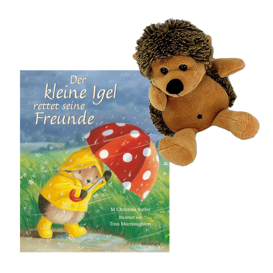 Geschenkset mit dem Buch der kleine Igel rettet seine Freunde und Igel Stofftier Spielzeug.