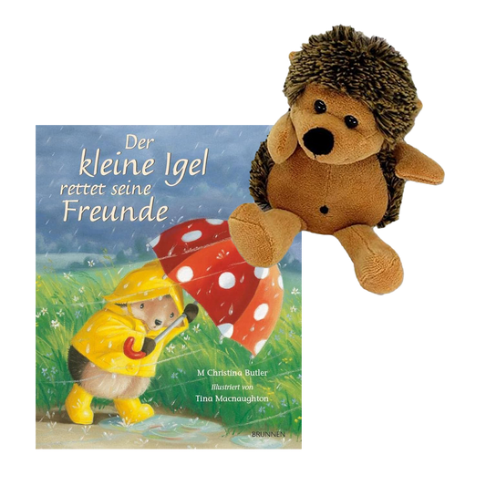 Geschenkset mit dem Buch der kleine Igel rettet seine Freunde und Igel Stofftier Spielzeug.