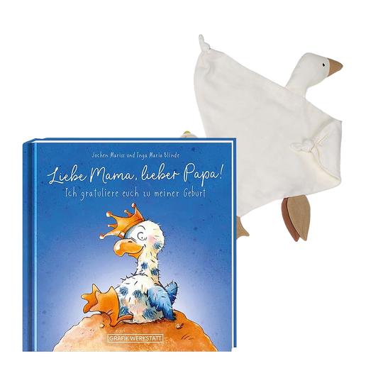 Geschenkeset mit Stofftier und dem Buch Liebe Mama, lieber Papa!