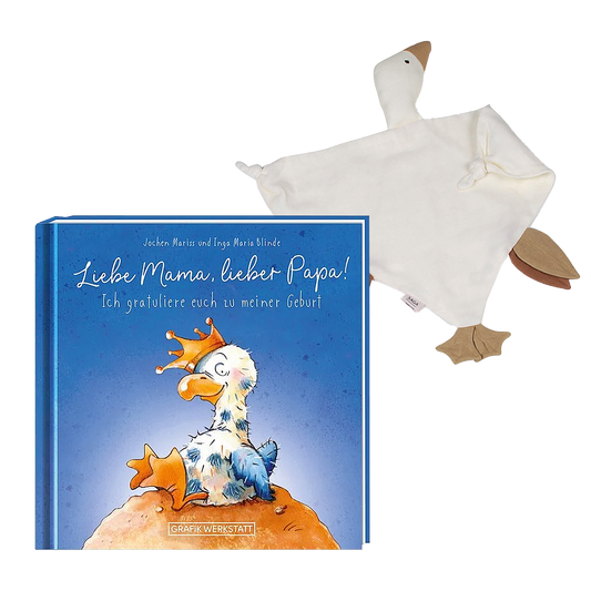 Geschenkeset mit Stofftier und dem Buch Liebe Mama, lieber Papa!