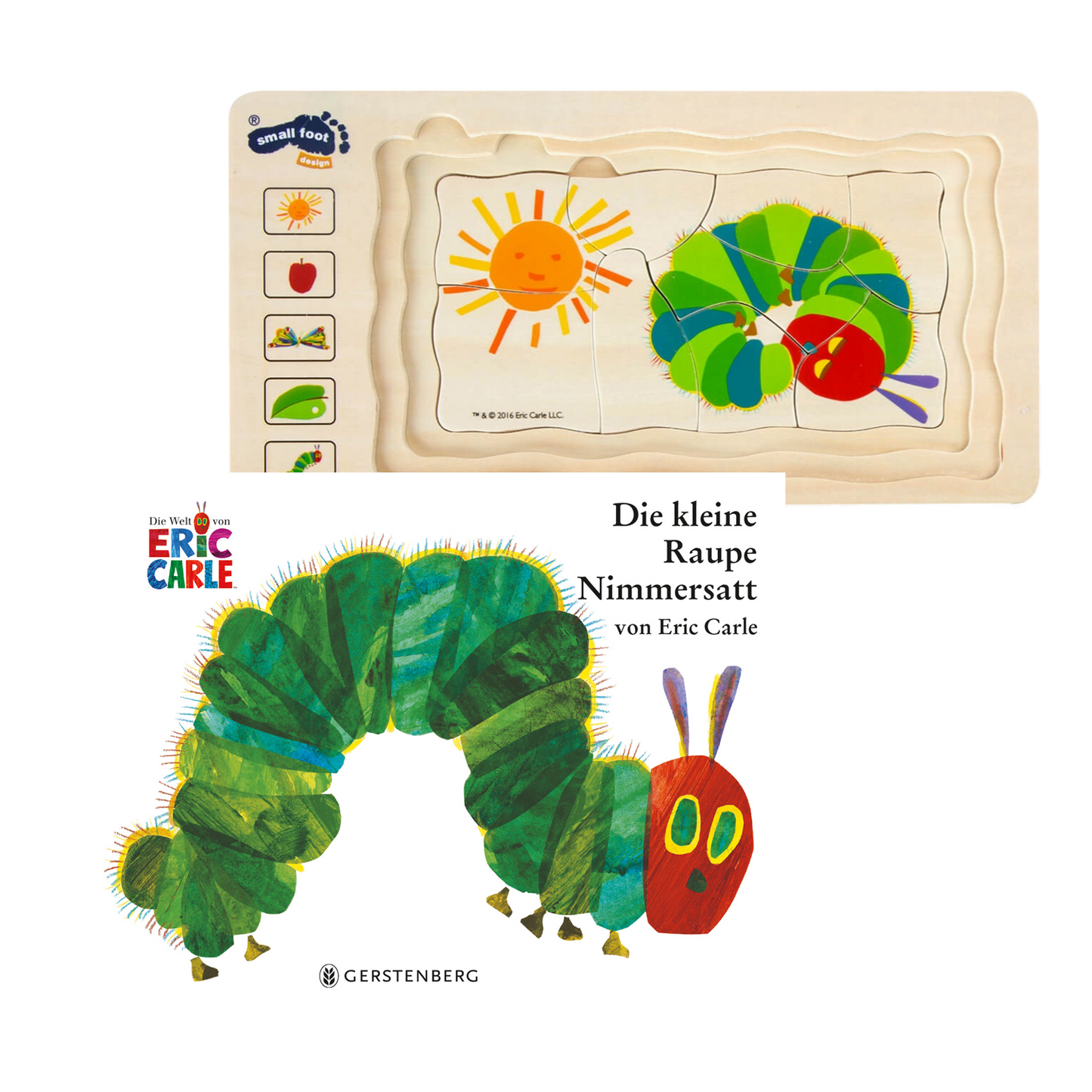 Geschenkset mit dem Buch die kleine Raupe Nimmersatt und Schichtenpuzzle.