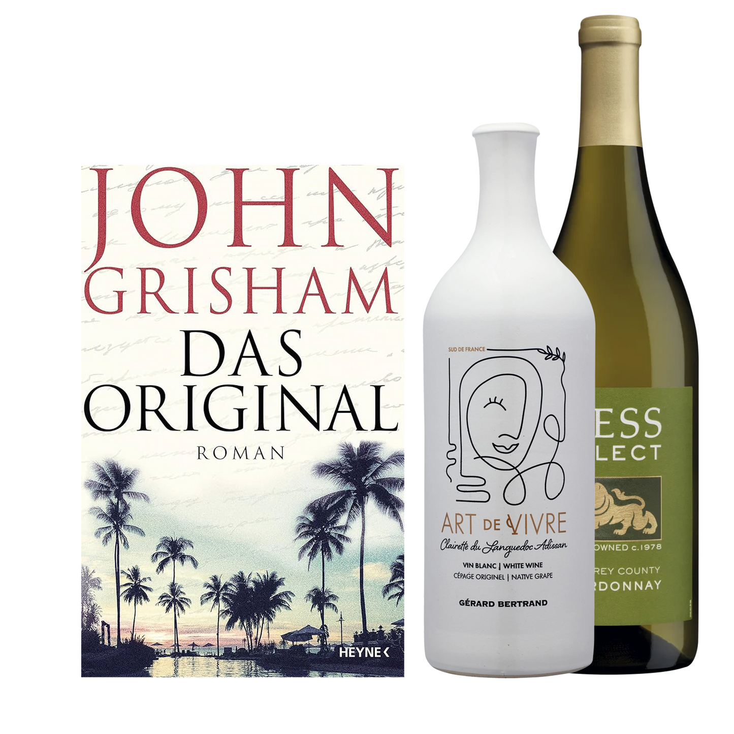 Buch John Grisham das Original und den Weinen Art de Vivre - Vin Blanc und Hess Select Chardonnay.