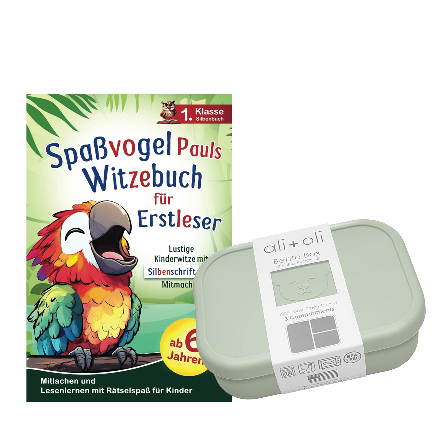 Geschenkset mit Buch Spaßvogel Pauls Witzebuch für Erstleser und Bento Box.