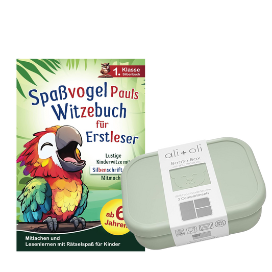 Geschenkset mit Buch Spaßvogel Pauls Witzebuch für Erstleser und Bento Box.