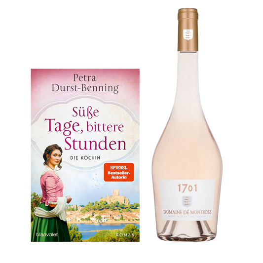 Geschenkset mit dem Buch Süße Tage, bittere Stunden Die Köchin und dem Wein 1701 Domoane de Montrose.