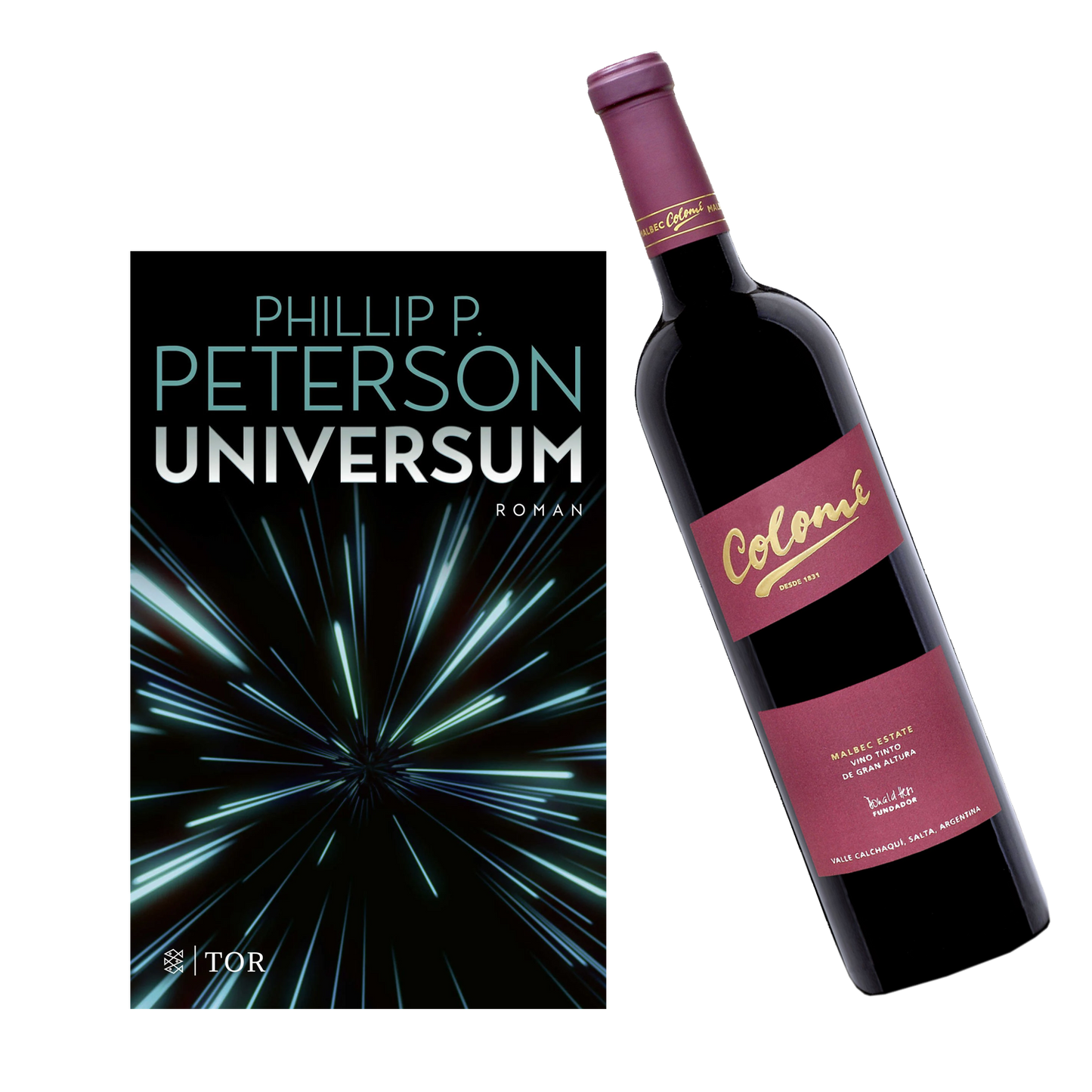 Geschenkset mit dem Buch von Phillip P- Uninversum und dem Wein Colome Estate Malbec.