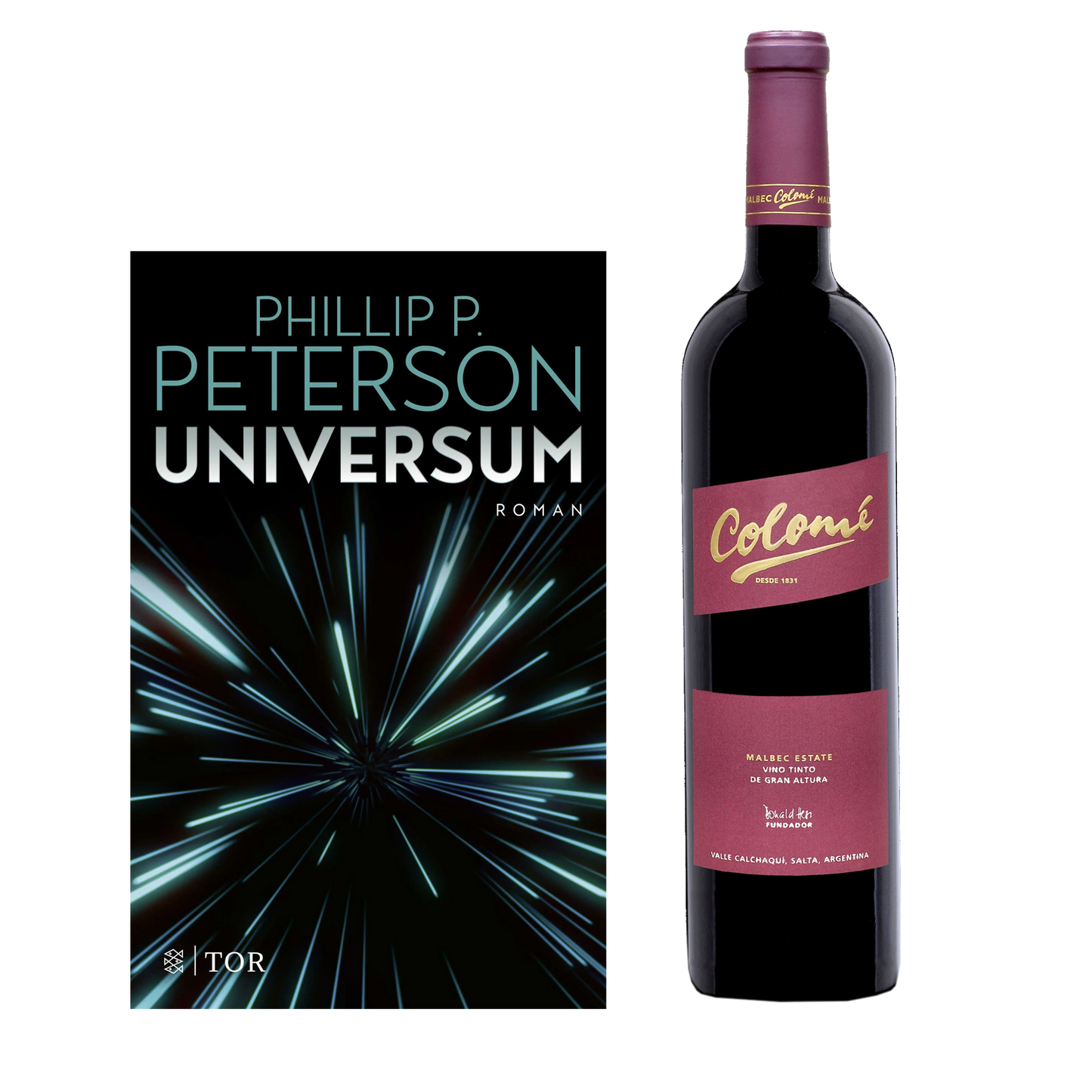 Geschenkset mit dem Buch von Phillip P- Uninversum und dem Wein Colome Estate Malbec.
