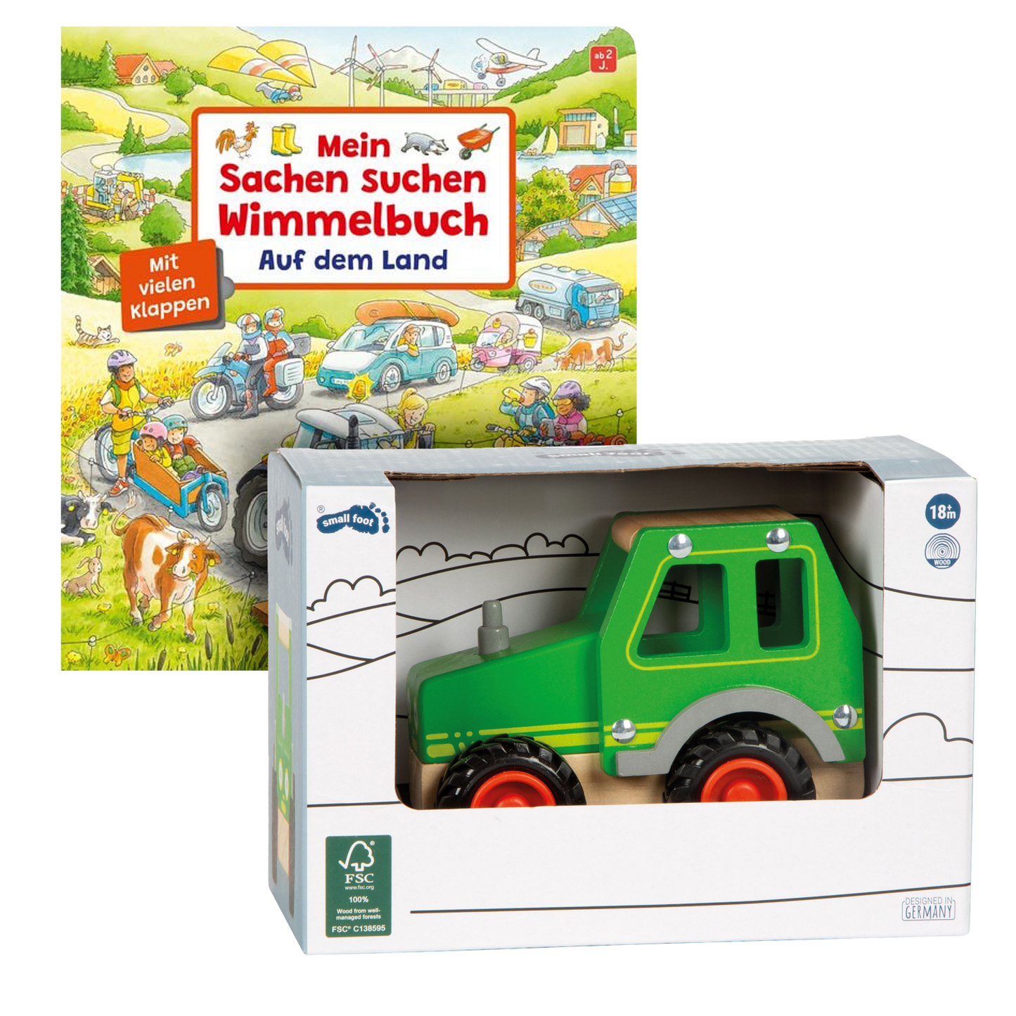 Geschenkset mit Buch Mein Sachen suchen Wimmelbuch Auf dem Land und Holztraktor Spielzeug.