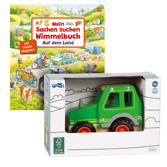 Geschenkset mit Buch Mein Sachen suchen Wimmelbuch Auf dem Land und Holztraktor Spielzeug.