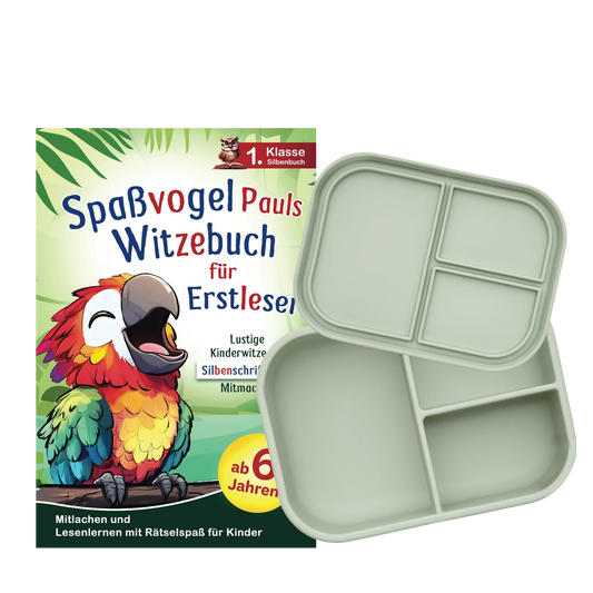 Geschenkset mit Buch Spaßvogel Pauls Witzebuch für Erstleser und Bento Box.