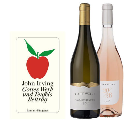 Geschenkset mit Weinflaschen Elene Walch Gewürztraminer und Elena Walch 2026 rosé und dem Roman von John Irving Gottes Werk und Teufels Beitrag