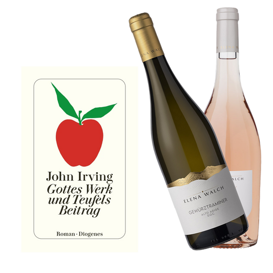 Geschenkset mit Weinflaschen Elene Walch Gewürztraminer und Elena Walch 2026 rosé und dem Roman von John Irving Gottes Werk und Teufels Beitrag