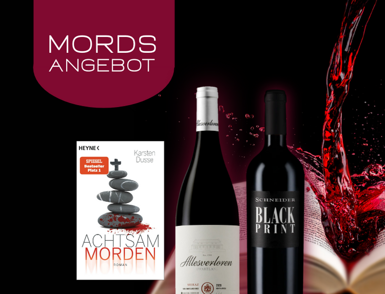 Mordsangebot mit dem Buch Achtsam Morden und den Weinen Allesverloren Shiraz und Black Print.