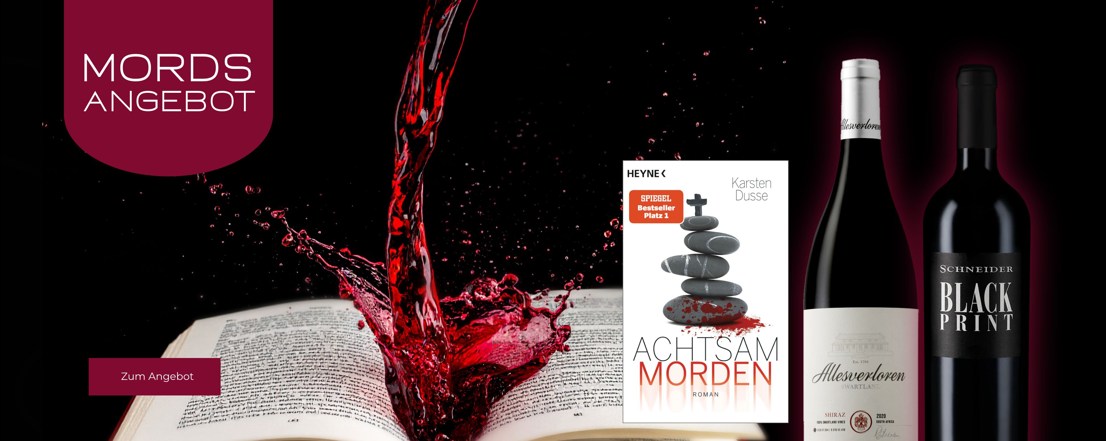 Mordsangebot mit dem Buch Achtsam Morden und den Weinen Allesverloren Shiraz und Black Print.