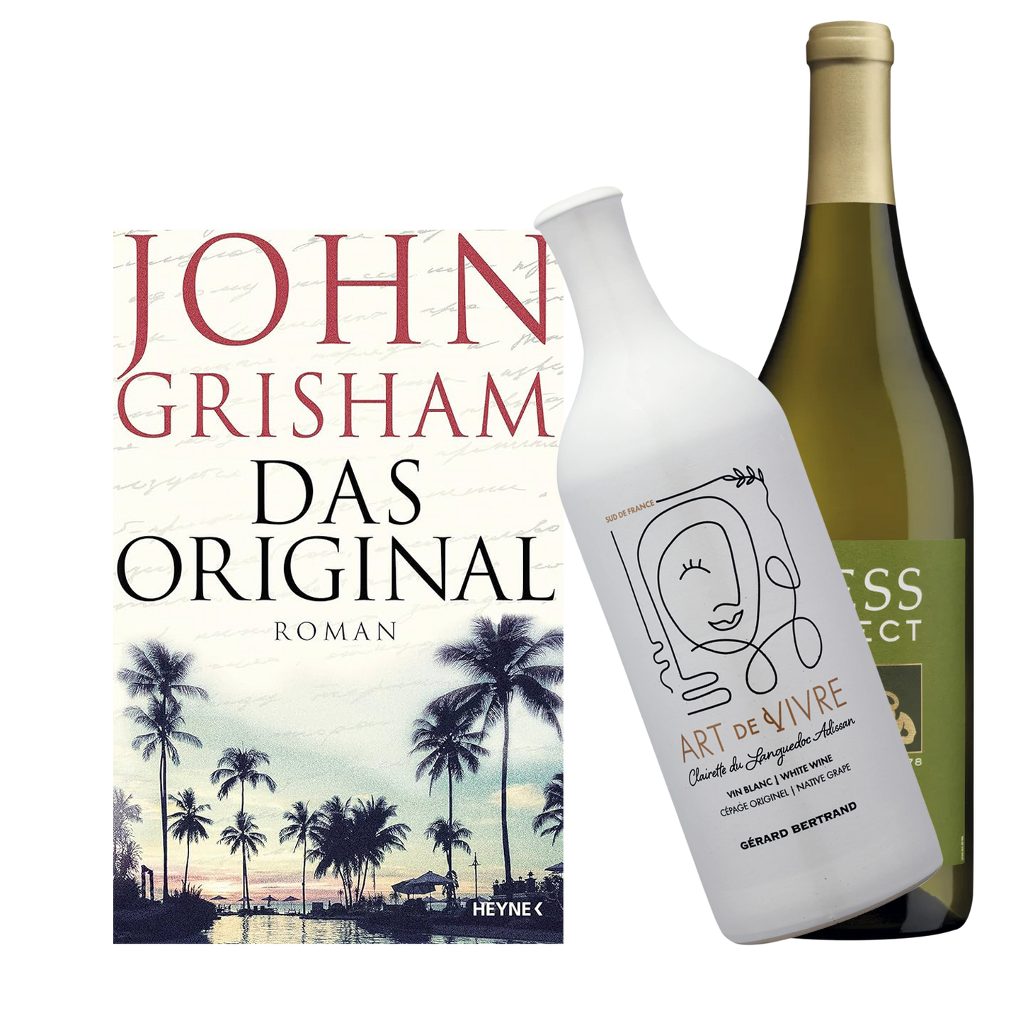 Buch John Grisham das Original und den Weinen Art de Vivre - Vin Blanc und Hess Select Chardonnay.