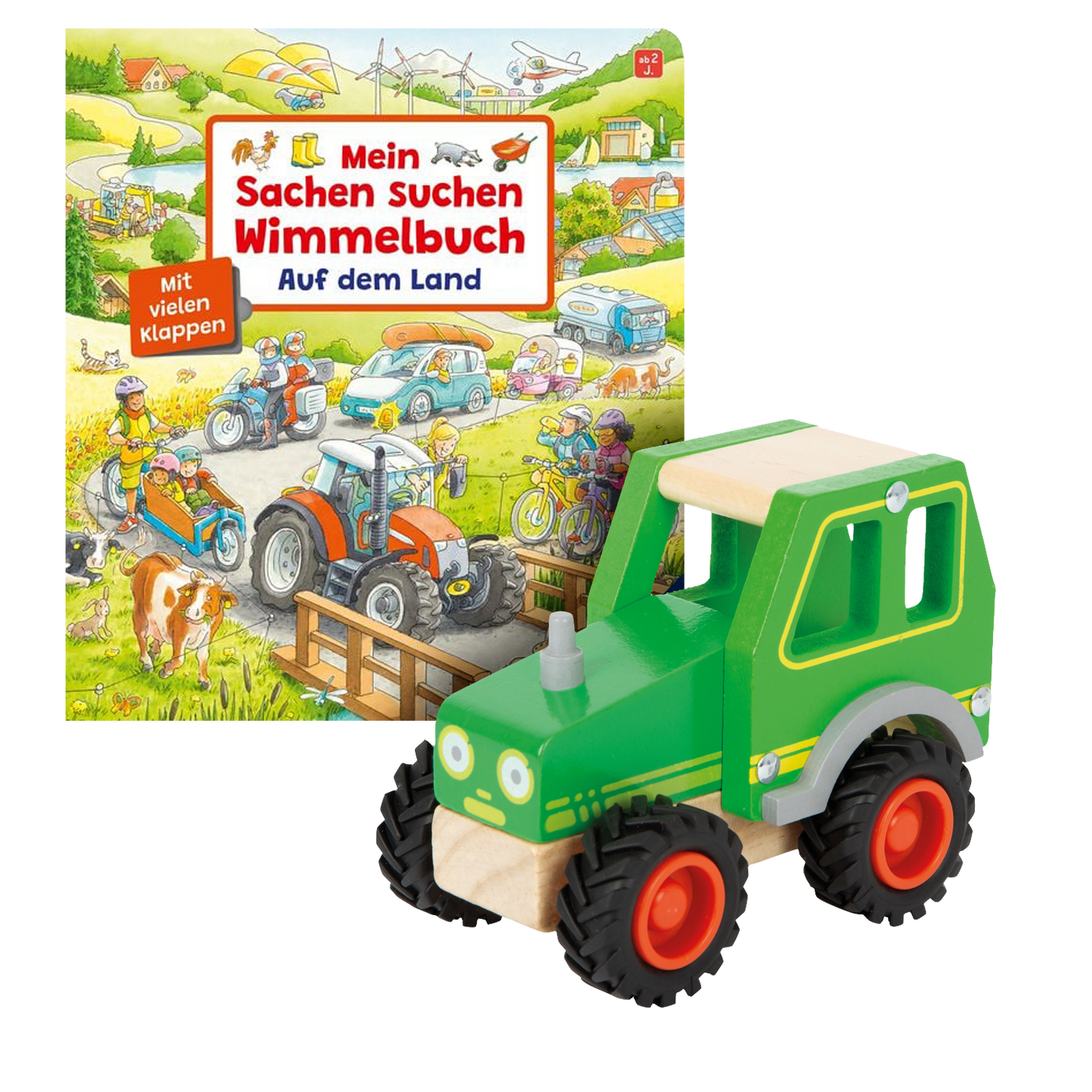 Geschenkset mit Buch Mein Sachen suchen Wimmelbuch Auf dem Land und Holztraktor Spielzeug.