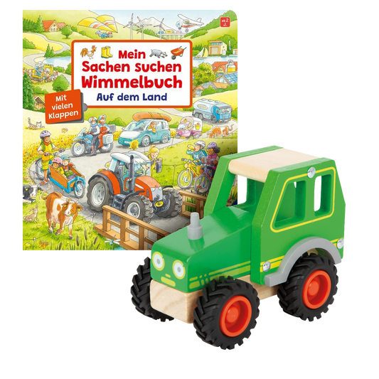 Geschenkset mit Buch Mein Sachen suchen Wimmelbuch Auf dem Land und Holztraktor Spielzeug.
