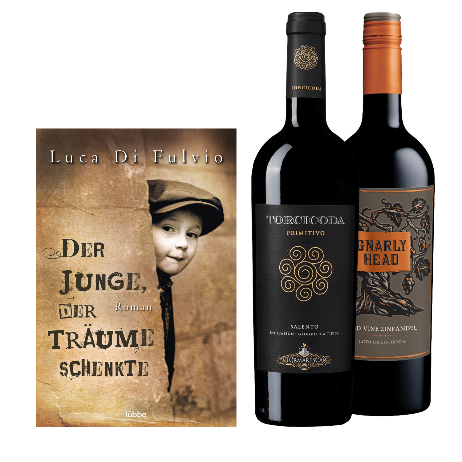 Geschenkset mit dem Buch von Luca Di Fulvio Der Junge der Träume schenkte und dem Wein Torcicoda Primitivo ...
