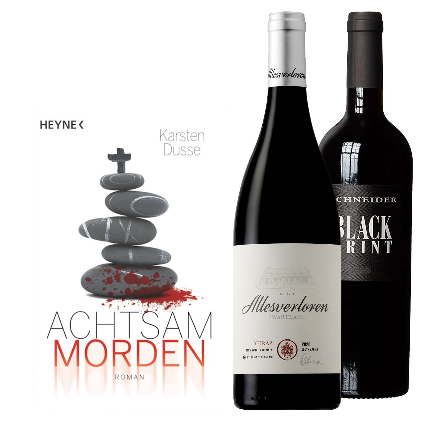 Geschenkset Achtsam Morden und dem Wein Allesverloren Shiraz und Black Print
