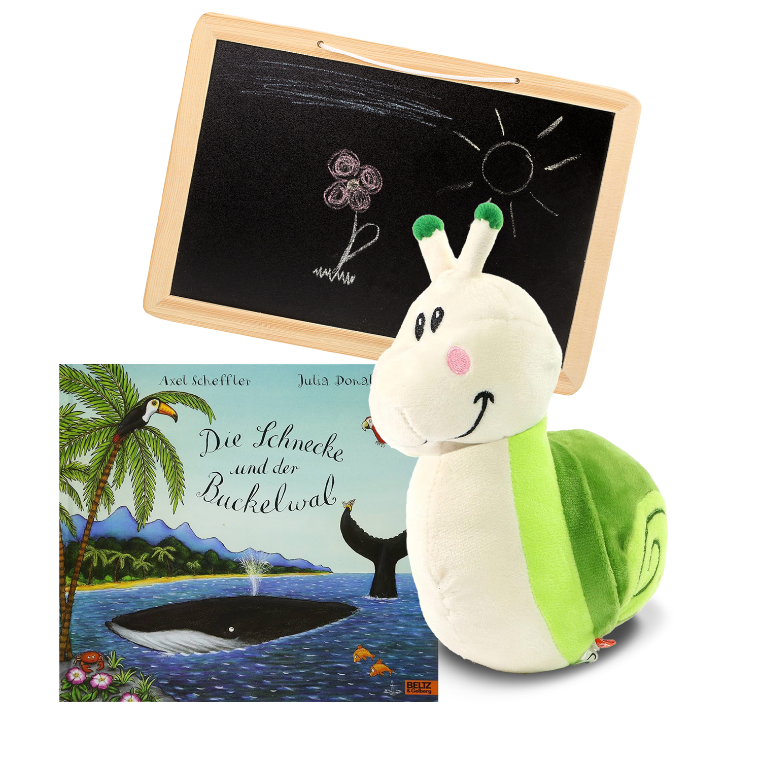 Geschenkset mit Kinderspielzug und Tafel und dem Buch Die Schnecke und der Buckelwal.