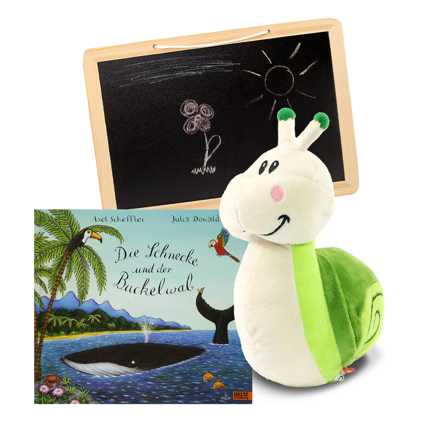 Geschenkset mit Kinderspielzug und Tafel und dem Buch Die Schnecke und der Buckelwal.