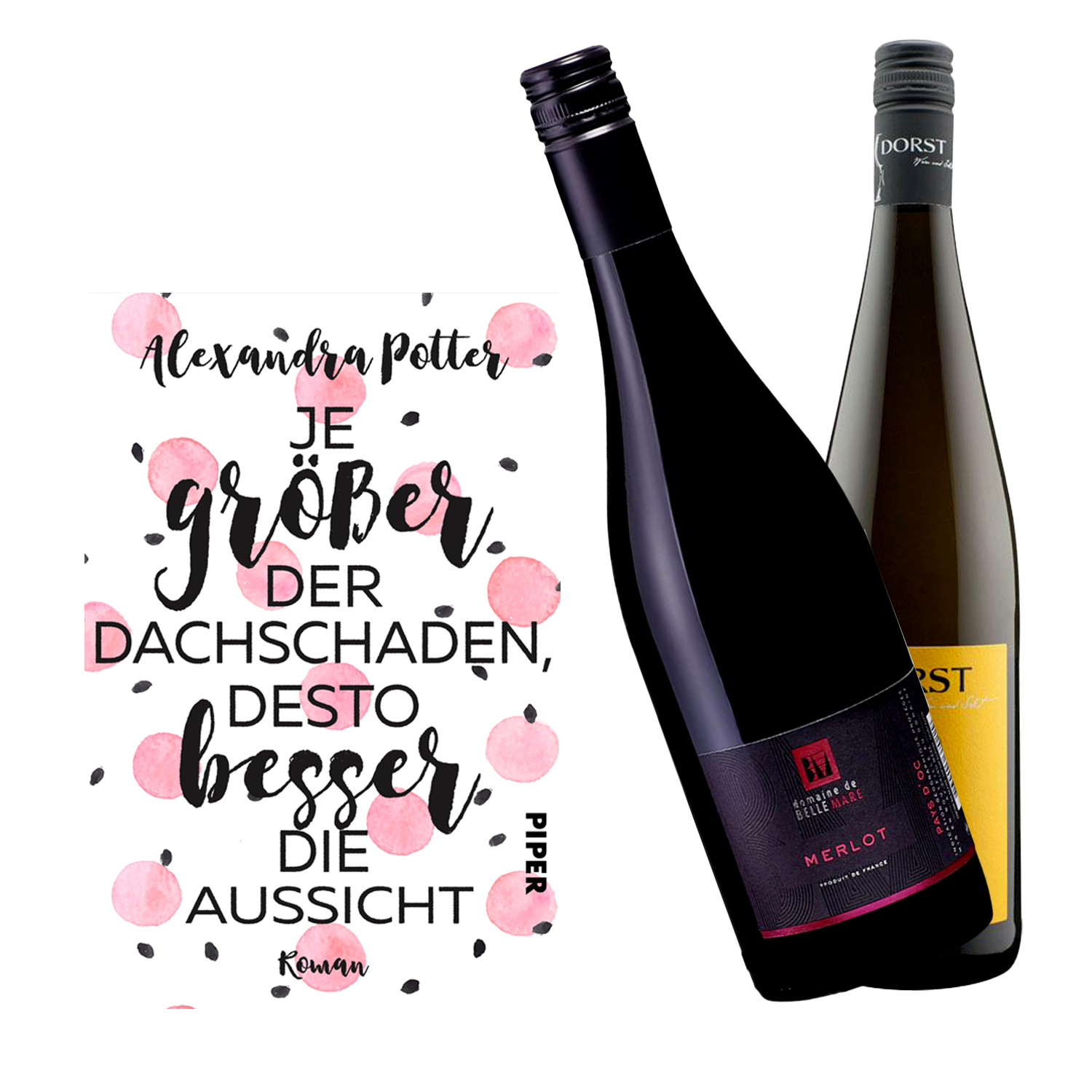 Geschenkset mit dem Buch Je größer der Dachschaden desto besser die Aussicht und den Weinen Domaine Belle Mare Merlot und Das doppelte Lottchen.